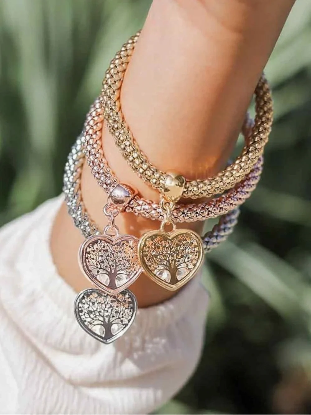 Anthropologie Three-Tone Heart Tree Charm Bracelet — Gold, Silver & Rose Gold